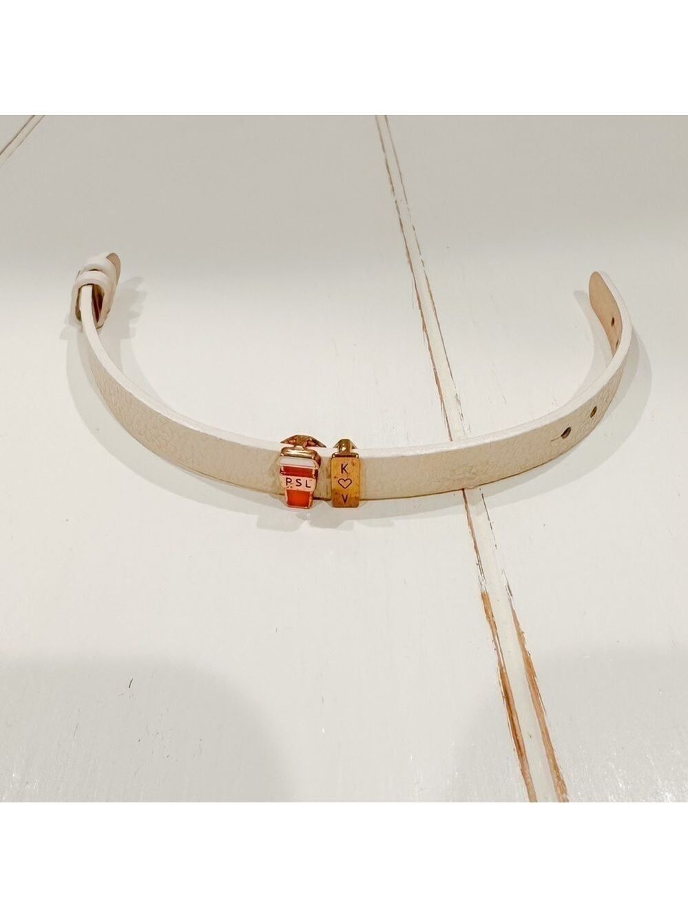 Stella & Dot Beige Leather Bracelet with PSL & Initial Charms – Adjustable
